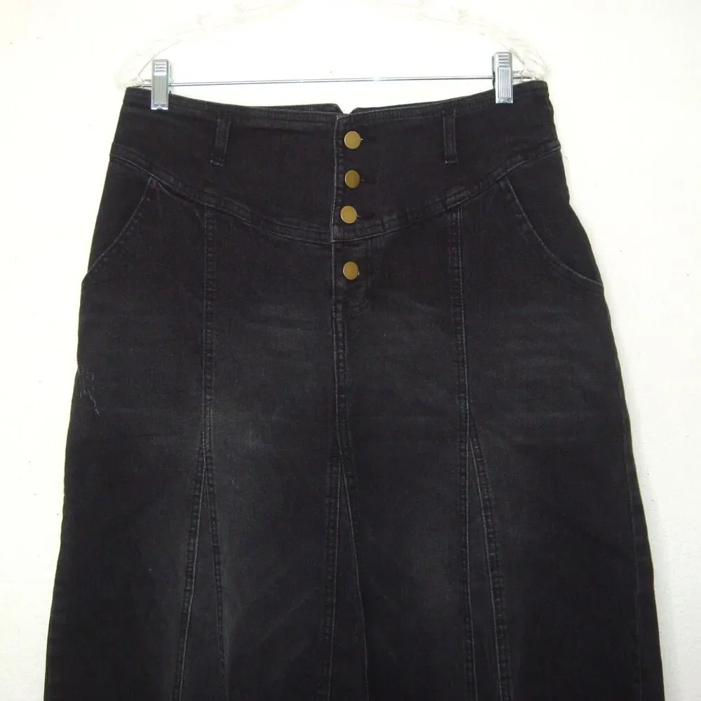 CHARTOU Black Denim Maxi Skirt ButtonFly Size XL Retro A-Line Y2K/90s Distressed
